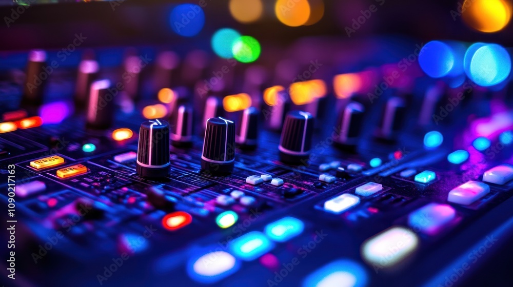 Leinwandbilder A close-up of a colorful audio mixing console with illuminated controls and knobs.