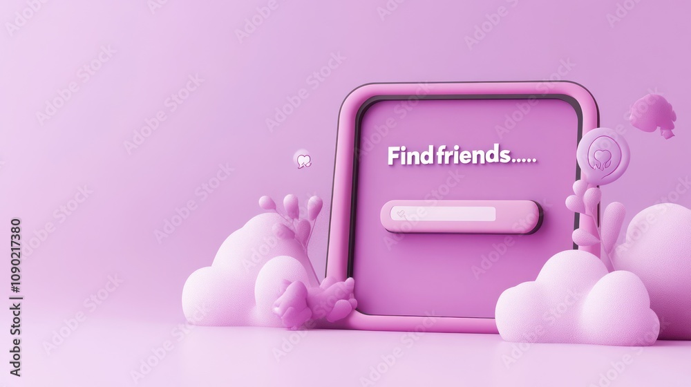 Poster A playful, pink-themed interface inviting users to find friends with a loading bar.
