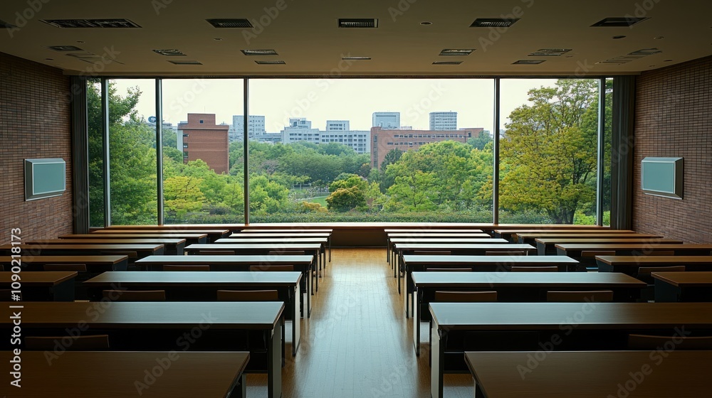 Poster A spacious classroom with rows of desks and a large window overlooking a green landscape.