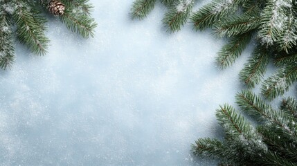 Obraz premium Snowy Pine Branches Frame Winter Holiday Background