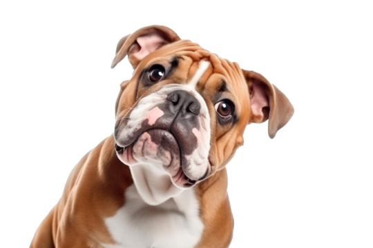 Close up portrait of English bulldog with surprised face on white background. Copy space for text.