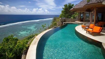 Fototapeta premium Breathtaking Tropical Villa with Infinity Pool Overlooking the Ocean in a Luxurious Coastal Setting Surrounded by Lush Greenery and Scenic Blue Waters