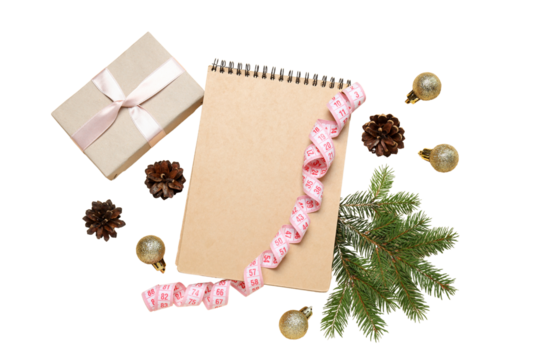 PNG, Sports new year, notebook with centimeter tape, isolated on white background.