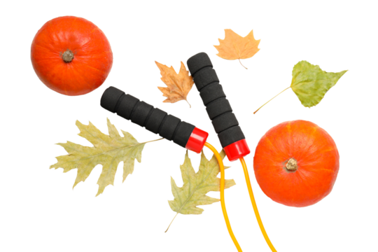 PNG, Autumn sport, skipping rope with leaves, isolated on white background.