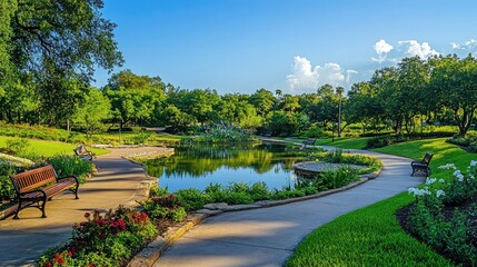 Obraz premium Serene Park Scene Featuring a Tranquil Lake Surrounded by Lush Greenery, Inviting Benches, and Bright Floral Arrangements Under a Clear Blue Sky