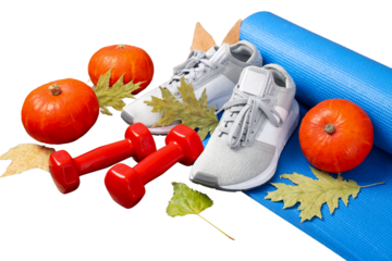PNG, Autumn sports, caremat with sneakers isolated on white background.