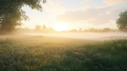 Obraz premium Serene Morning Landscape with Soft Mist and Gentle Sunlight Illuminating Green Grass and Trees in a Peaceful Natural Setting at Dawn