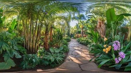 Fototapeta premium Lush Tropical Pathway Surrounded by Vibrant Greenery and Colorful Flowers in a Serene Garden Setting for Nature Lovers and Plant Enthusiasts