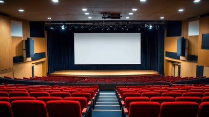 Row of seats and wide format mock up blank screen with stage