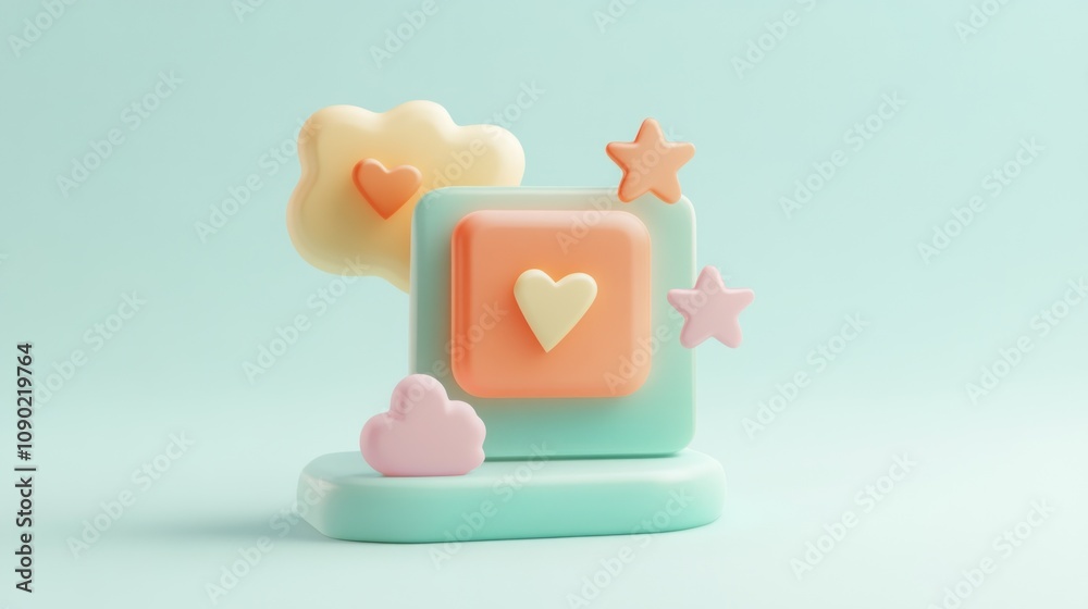 Poster A playful composition of pastel shapes with hearts and stars on a soft background.