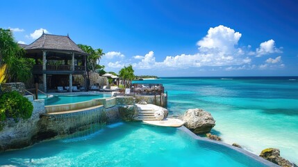 Fototapeta premium Scenic Oceanfront Resort with Infinity Pool Framed by Lush Tropical Palm Trees and Clear Blue Sky Perfect for Dream Vacation or Paradise Getaway