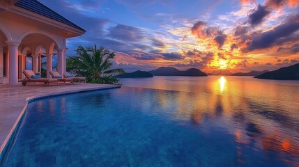 Obraz premium Serene Twilight Over Tropical Oasis with Infinity Pool and Sunset Reflection in Calm Waters, Showcasing Nature's Splendor and Tranquil Vibes of a Luxurious Getaway