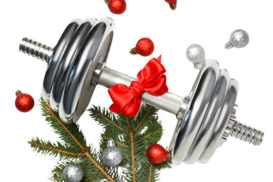 PNG, Sport, new year, silver dumbbell with bow, isolated on white background.