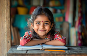 A young indian girl reading a book in a classroom.	
