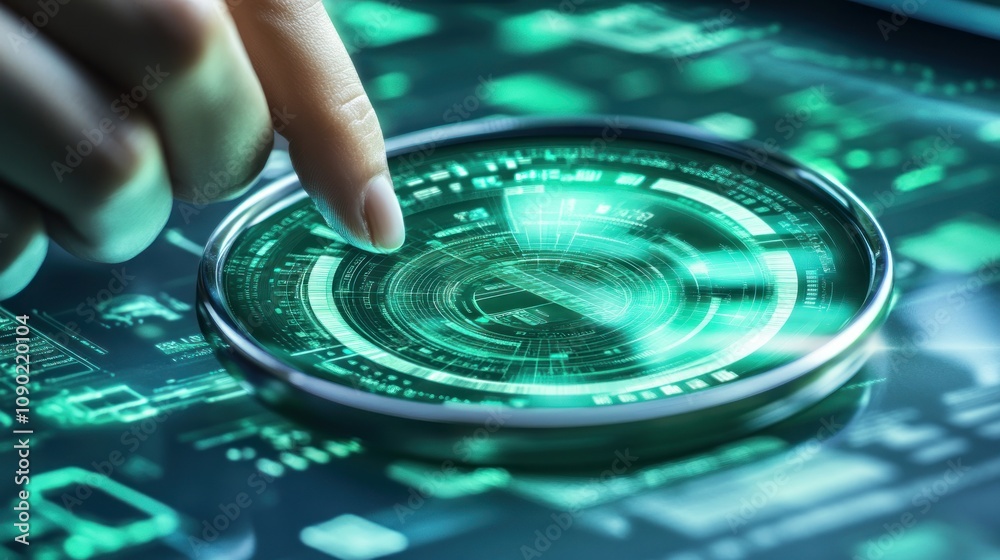 Poster A hand interacts with a futuristic digital interface displaying data and graphics.