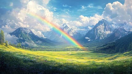 Obraz premium Breathtaking Landscape with Colorful Rainbow Over Lush Green Valley Surrounded by Majestic Mountains and Clear Blue Sky