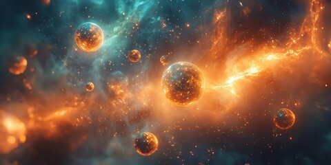 Obraz premium Golden planets in a colorful nebula with bright lights.