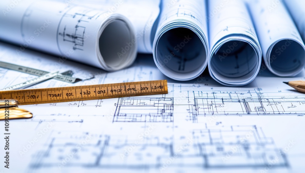 Poster architectural blueprints and tools arranged for design and planning purposes.