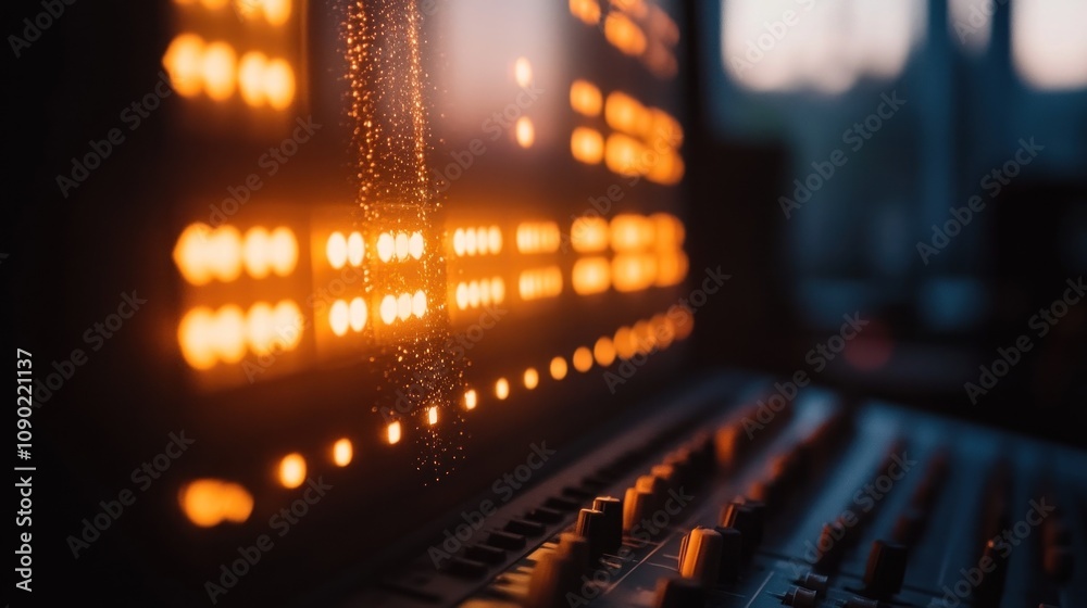 Poster Close-up of a digital interface with glowing orange lights and controls, suggesting audio technology.