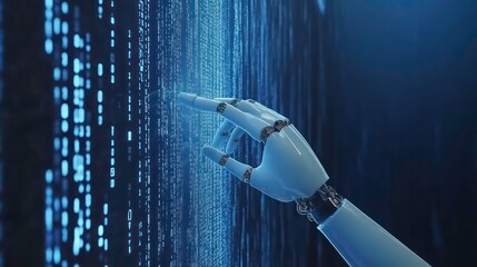 Fototapeta premium robot hand pressing on virtual digital screen hologram interface binary code big data connection technology AI machine learning idea concept design