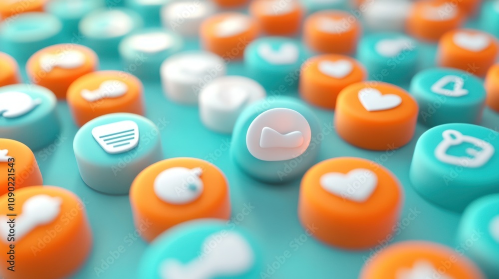 Poster Colorful buttons with symbols representing various themes and functions.