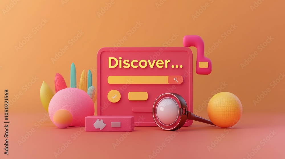 Poster a colorful 3d illustration featuring a search interface and playful geometric shapes.