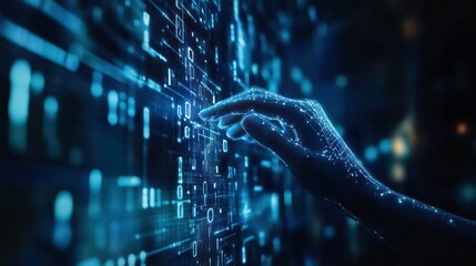 robot hand pressing on virtual digital screen hologram interface binary code big data connection technology AI machine learning idea concept design