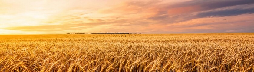 Obraz premium Golden fields under dramatic summer skies, with scattered clouds casting soft shadows over the landscape, enhancing the depth and natural warmth