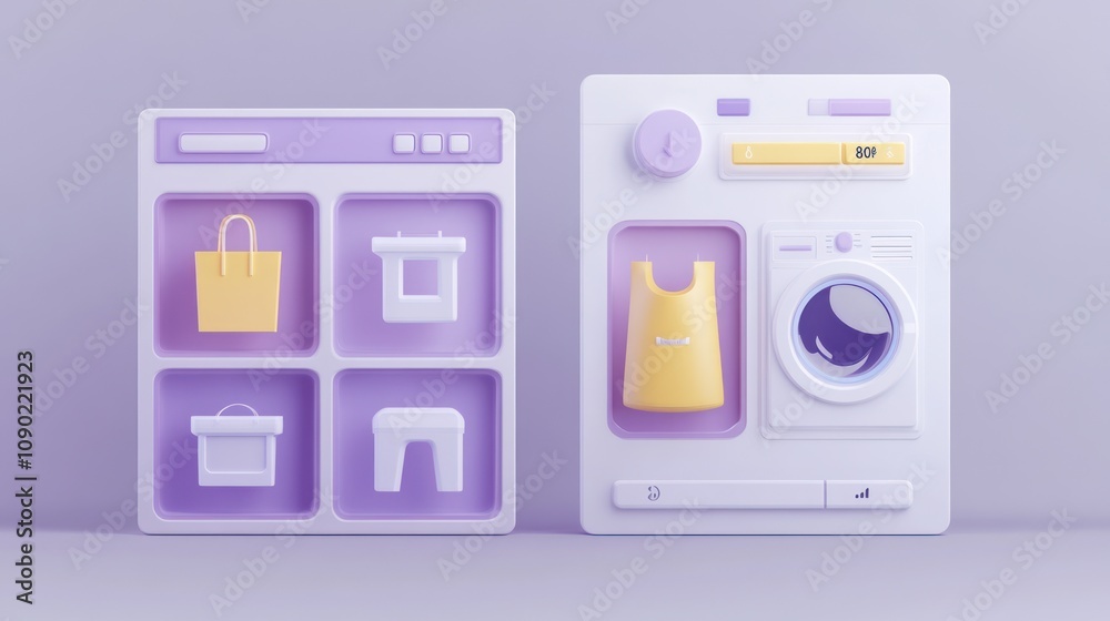 Poster a minimalist interface showcasing shopping items and a washing machine.