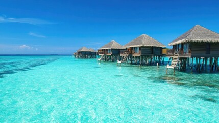 Fototapeta premium Charming overwater bungalows nestled in crystal clear turquoise lagoon under a bright blue sky creating a tropical paradise atmosphere for vacation escape