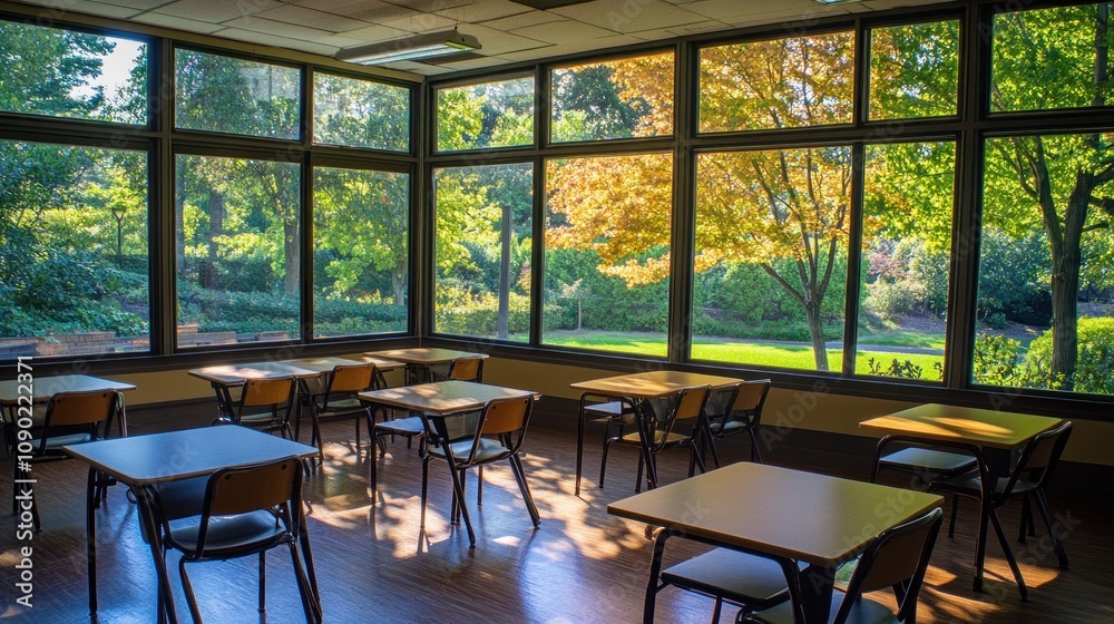 Poster a bright classroom with tables and large windows showcasing a vibrant outdoor view.