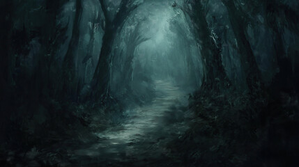 Obraz premium A dark forest path, with tall trees on both sides and mist in the air. The perspective is from behind, in the style of a speedpainting