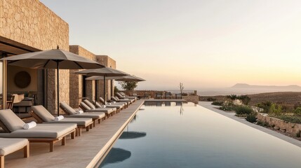 Fototapeta premium Serene Luxury Villa with Stone Architecture Overlooking Infinity Pool and Stunning Landscape at Golden Hour