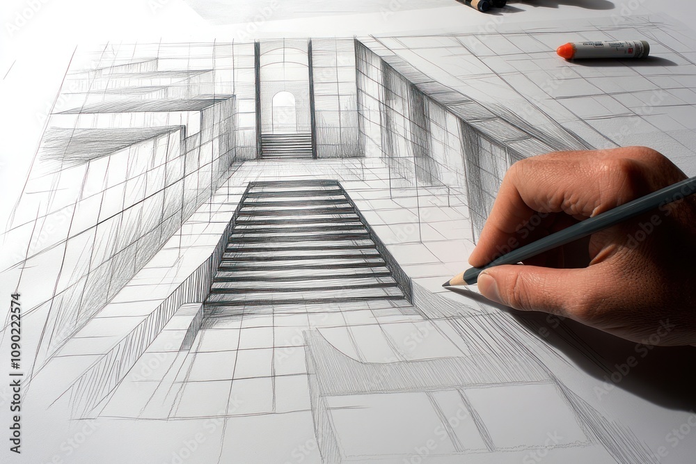 Poster a hand drawing an intricate staircase in a perspective sketch on a large sheet of paper.