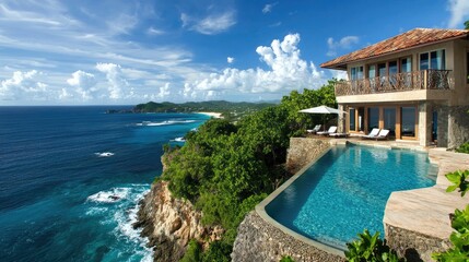 Fototapeta premium Luxurious Oceanfront Villa with Infinity Pool Overlooking Turquoise Waters and Scenic Coastal Landscape in a Tropical Paradise Setting