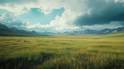 Expansive Green Grassland Landscape Under Dramatic Sky with Clouds and Mountains in Distance, Nature's Splendor Captured in Vibrant Colors and Texture