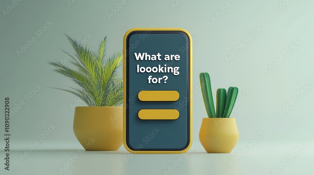 Poster a smartphone displays a prompt with two plant pots in the background.