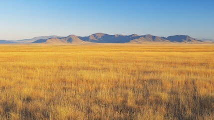 Obraz premium Captivating Expanses of Golden Grassland Under a Clear Blue Sky with Majestic Mountain Range in the Background for Nature and Landscape Photography Enthusiasts