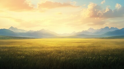 Obraz premium Serene Landscape at Sunrise with Rolling Hills, Lush Green Grass, and Majestic Mountains Under Soft Cloudy Sky, Capturing Nature’s Tranquility and Beauty