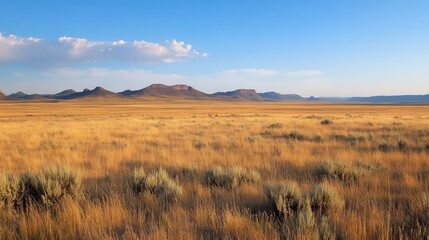 Fototapeta premium Expansive Golden Prairie Under a Clear Blue Sky with Distant Mountain Ranges and Soft Clouds on the Horizon Capturing the Essence of Nature's Vastness
