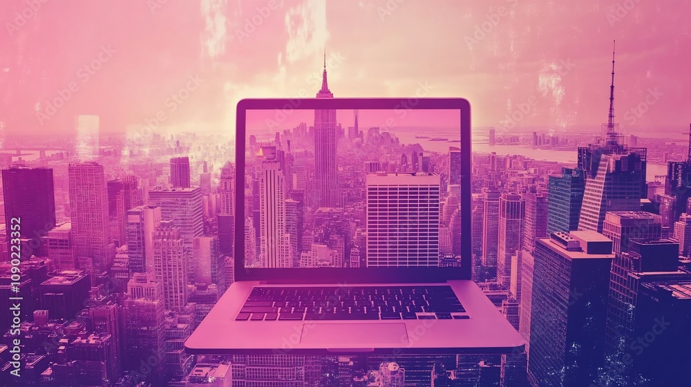 Poster a laptop computer with a cityscape on the screen, hovering over a cityscape.