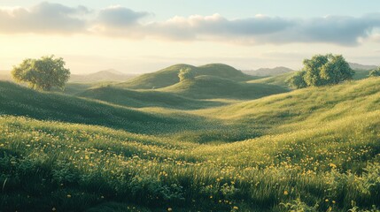 Obraz premium Serene Landscape of Rolling Green Hills with Gentle Slopes and Golden Wildflowers Under Soft Sunlight in a Tranquil Nature Setting