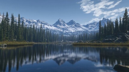 Serene Mountain Landscape with Reflections in Calm Lake Surrounded by Lush Trees and Majestic Snow-Capped Peaks Under a Clear Blue Sky