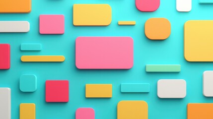 SEO keywords trends concept. A vibrant pattern of colorful geometric shapes on a turquoise background, showcasing various sizes and forms in a playful arrangement.