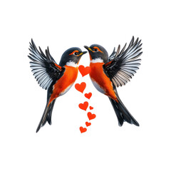 Obraz premium Two Birds in Love Sharing Hearts on White Background
