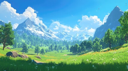 Fototapeta premium Serene Landscape of Majestic Mountains and Lush Green Meadows Under Bright Blue Sky with Fluffy White Clouds in a Breathtaking Natural Setting