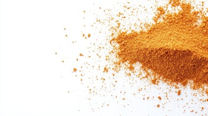 38.Cinnamon powder scattered loosely across a white background, creating a random, organic pattern. The fine particles of the powder are highlighted, with empty space available for product branding