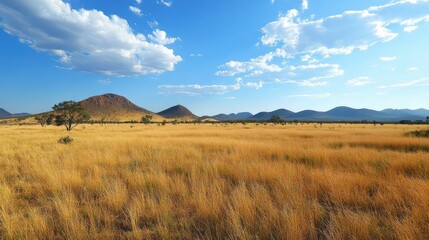 Fototapeta premium Vast Golden Grassy Plains Under a Bright Blue Sky with Striking Clouds and Rolling Hills in the Background, Capturing the Beauty of Untamed Nature