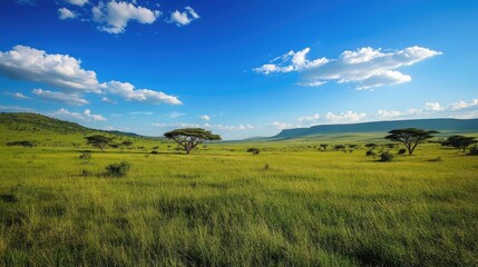 Fototapeta premium Expansive Green Savanna with Trees Under a Bright Blue Sky and Fluffy Clouds, Set Against a Scenic Horizon of Lush Rolling Hills in Nature's Tranquil Landscape