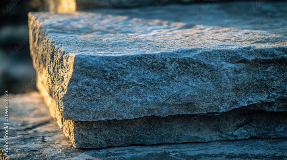 Poster close-up of textured stone slabs with natural lighting.